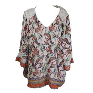 Anthropologie Fig and Flower Boho Paisley Lace Inset V-Neck Tunic Blouse SX 3X